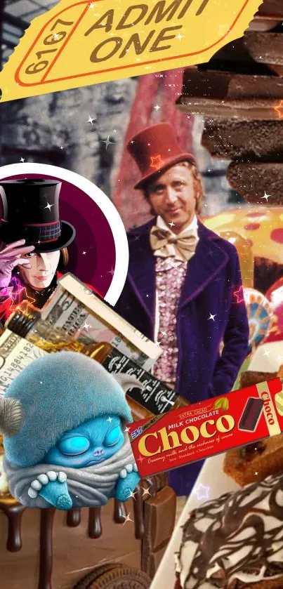 Whimsical candy-themed phone wallpaper with iconic characters.