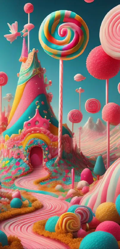 Colorful candy wonderland with lollipop trees and sugar mountains.