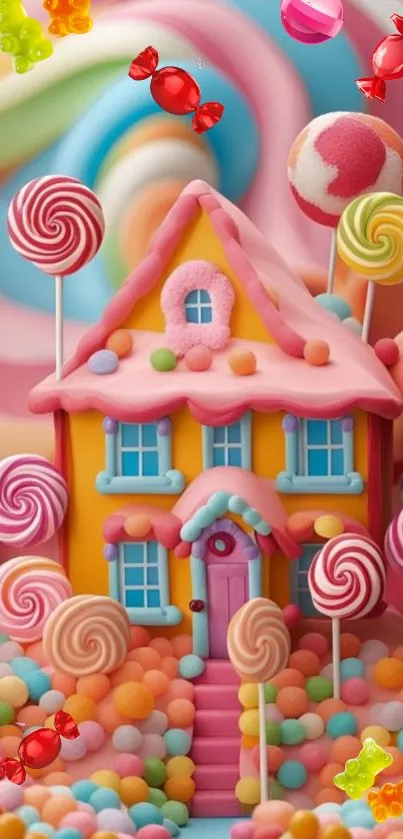 Colorful candy house with lollipops and candies on a fantasy wallpaper.