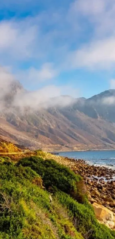 Vibrant Cape Town coastal road with mountains and ocean views.