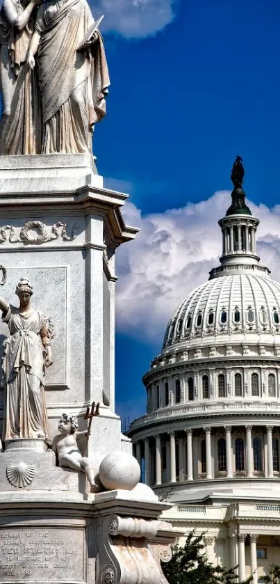 Majestic view of Capitol building with statues under a blue sky.