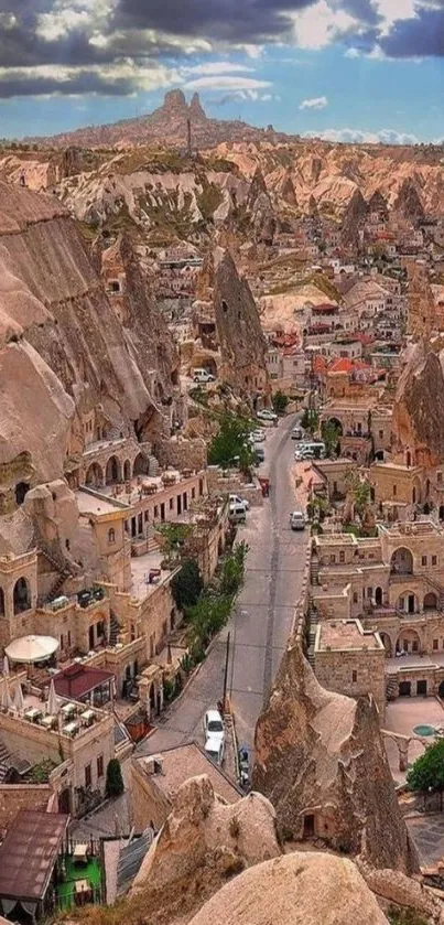 Cappadocia landscape with unique rock formations and historic architecture.