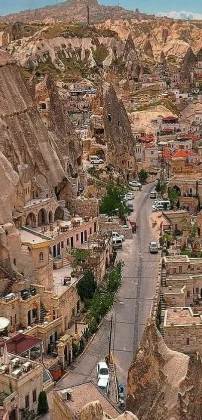 Scenic view of Cappadocia with rock formations and vibrant sky, perfect for mobile wallpaper.