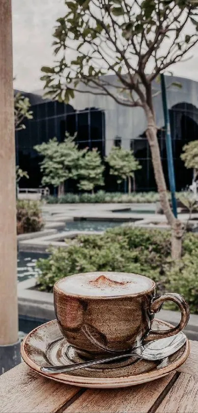 Cappuccino on table with peaceful outdoor scene.