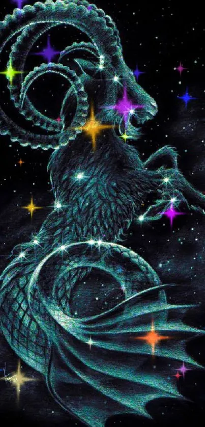 Capricorn zodiac wallpaper with a mystical sea-goat on a starry background in teal.