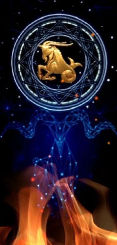 Capricorn zodiac wallpaper with golden goat in celestial circle on dark background.