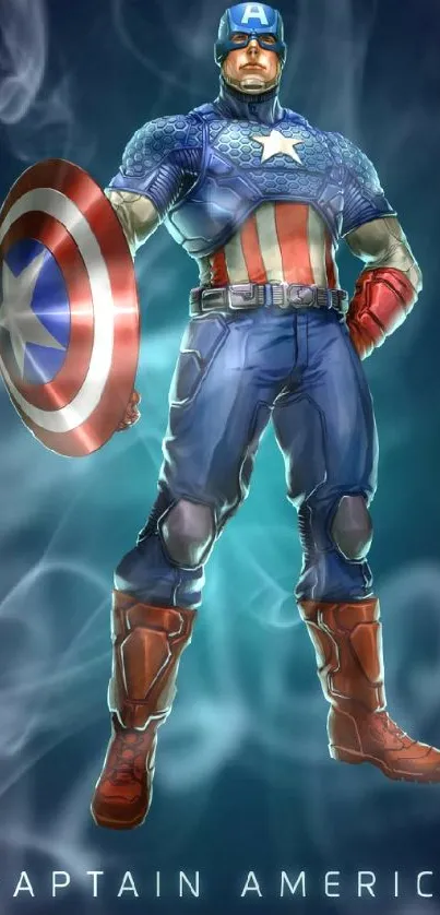 Captain America depicted on a navy blue background with his iconic shield.