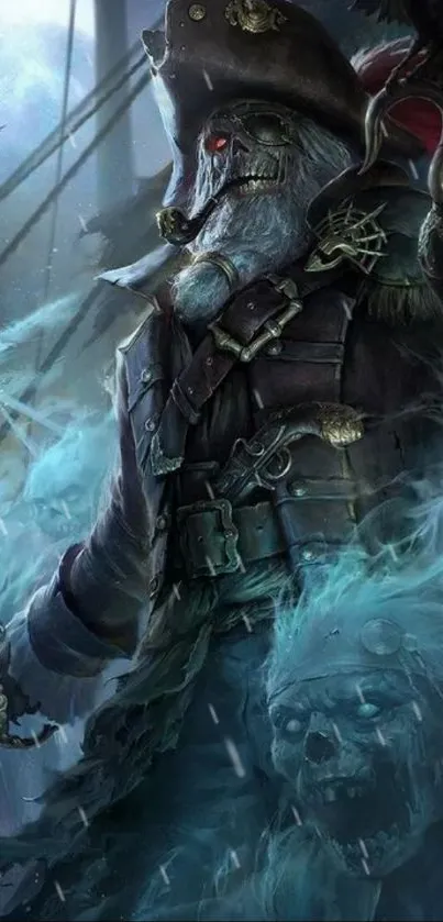 Ghostly pirate captain on a haunted ship with eerie blue mist.