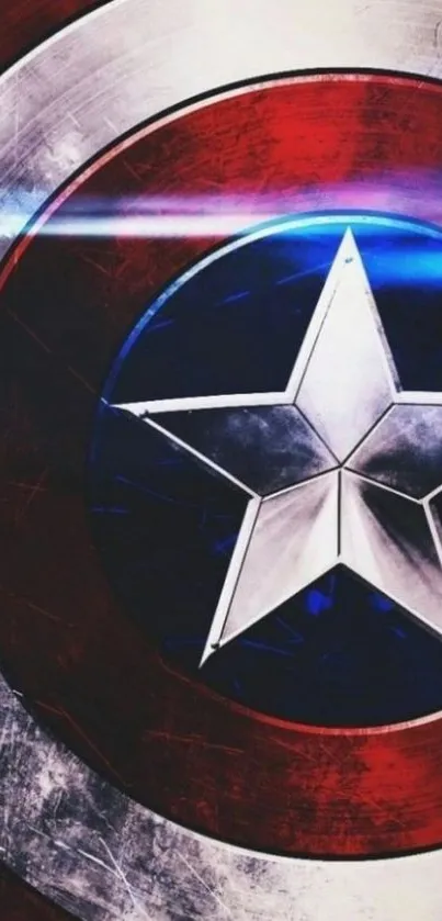 Captain America shield design with metallic star and bold colors as wallpaper.