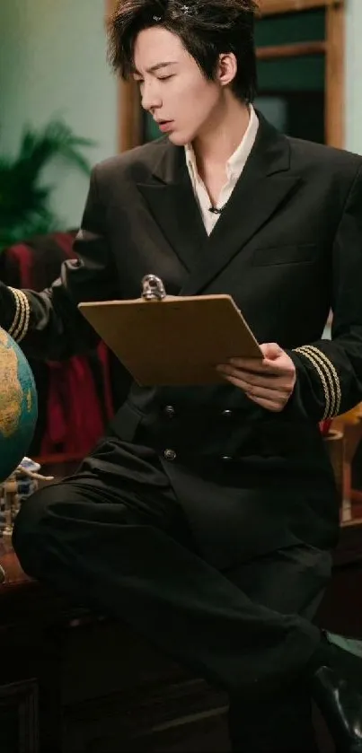 Captain in black suit with globe and clipboard, stylish wallpaper.