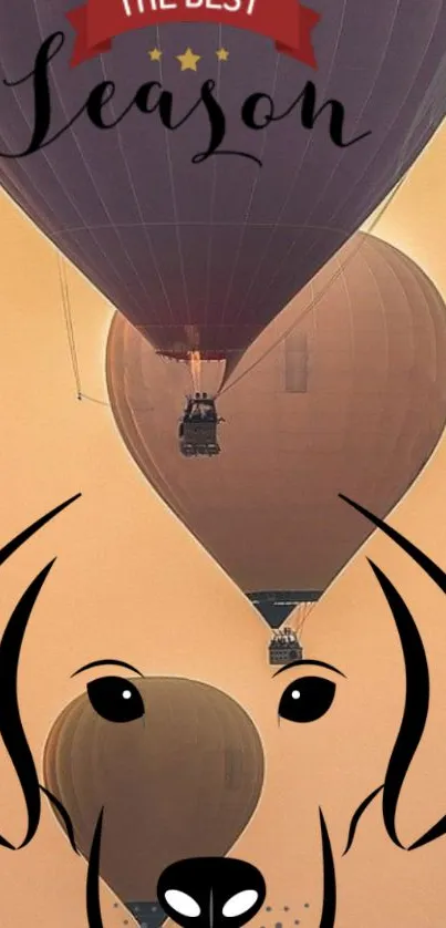 Hot air balloons with dog art illustration at sunset.