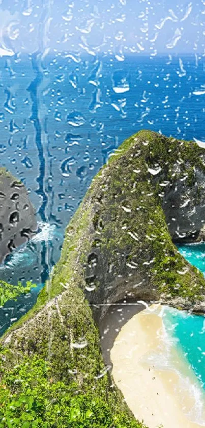 Beach landscape with ocean view and raindrop effect on screen.