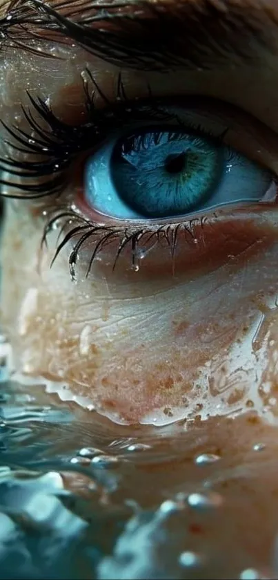 Close-up of a blue eye submerged in clear water.