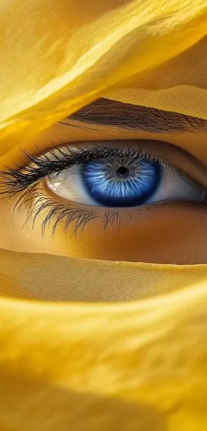 Blue eye with a yellow veil closeup wallpaper.
