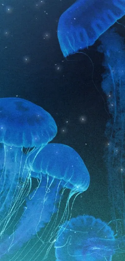 Neon blue jellyfish art in a serene underwater scene.