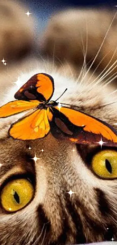 Curious cat with yellow eyes and an orange butterfly resting on its head.