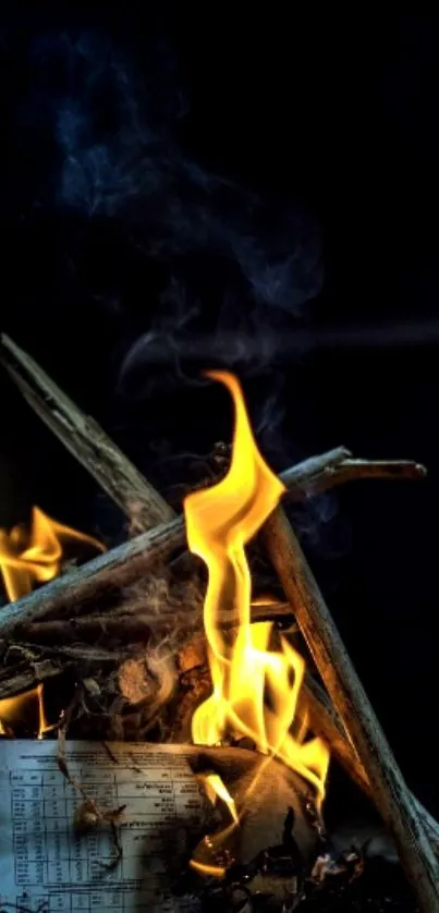 Campfire with glowing flames against a dark background.