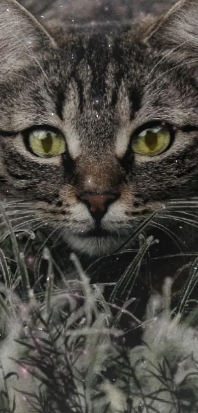 Captivating cat with green eyes in dewy grass mobile wallpaper.