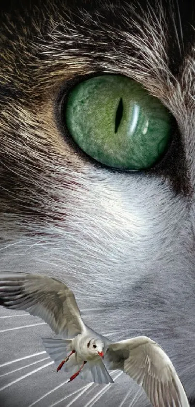 Close-up of a cat's green eye with a seagull in flight.