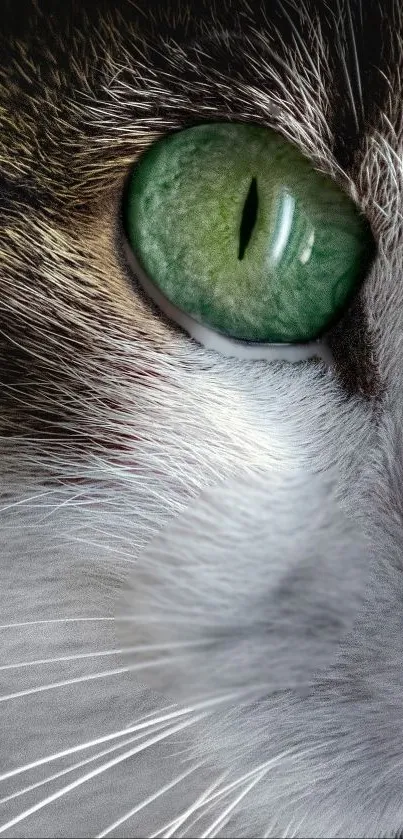 Close-up of a cat's green eye with detailed fur.