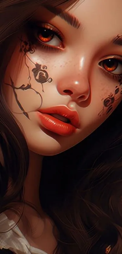 Digital art portrait of a woman with artistic face designs.