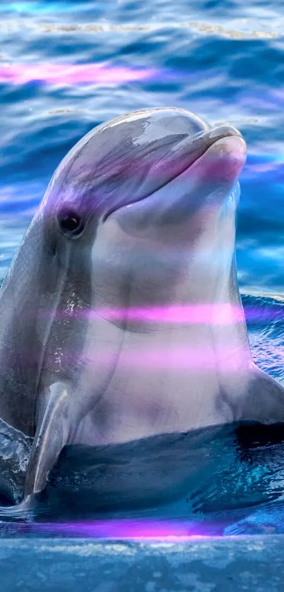 Dolphin surfacing in blue ocean water background.