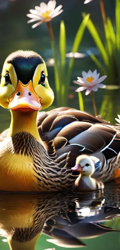 Duck with duckling in serene lake surrounded by flowers.