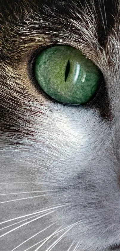 Close-up of a cat with mesmerizing green eye in high detail.