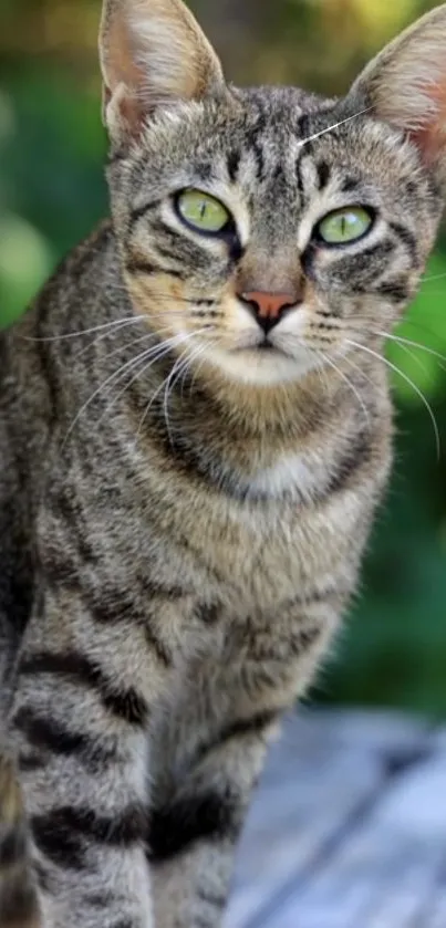 Green-eyed tabby cat in natural setting wallpaper.