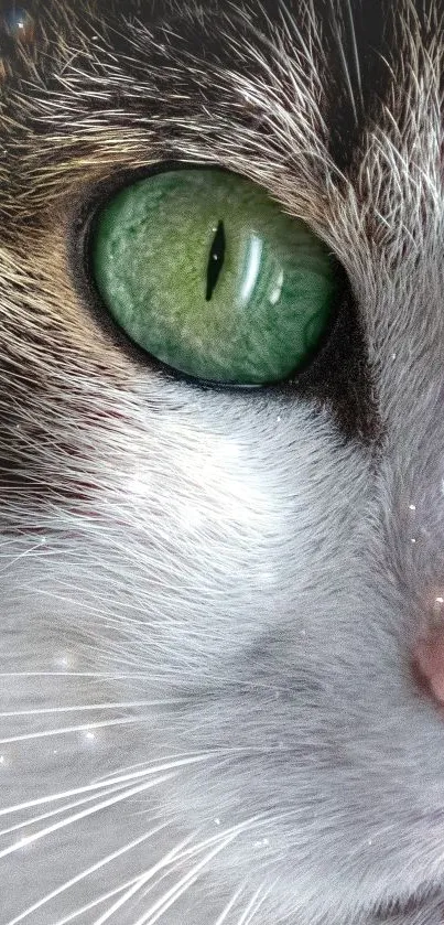 Close-up of a cat's green eye with detailed fur texture.