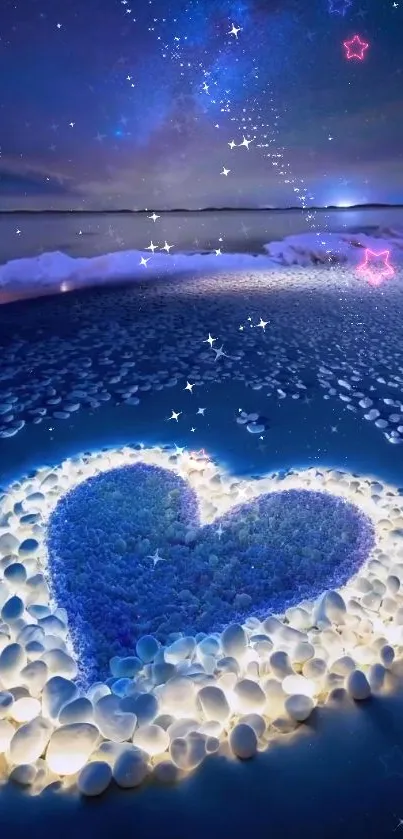 Heart-shaped design on a starry beach under a blue night sky.