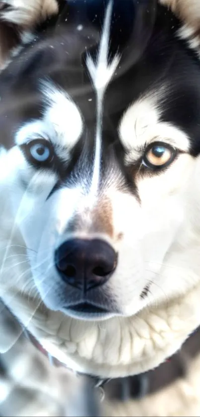 Siberian Husky with striking blue and amber eyes in a snowy setting mobile wallpaper.