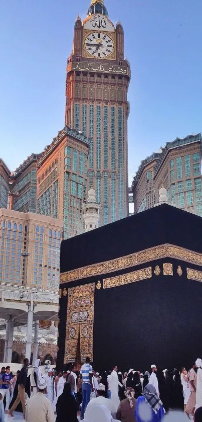 Kaaba in Mecca with Abraj Al Bait towers dominating skyline.