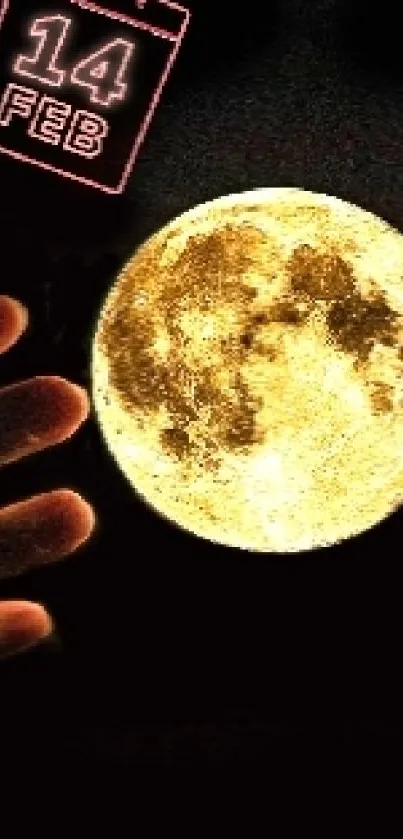 Glowing moon held by hands with February 14 text.