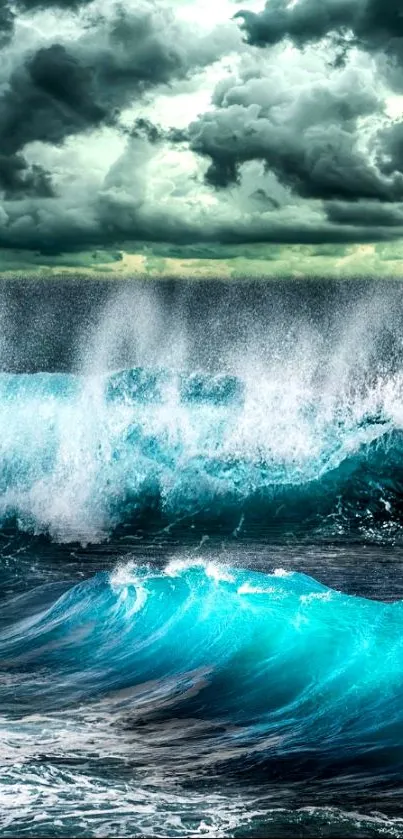 Ocean waves crashing under a cloudy sky.