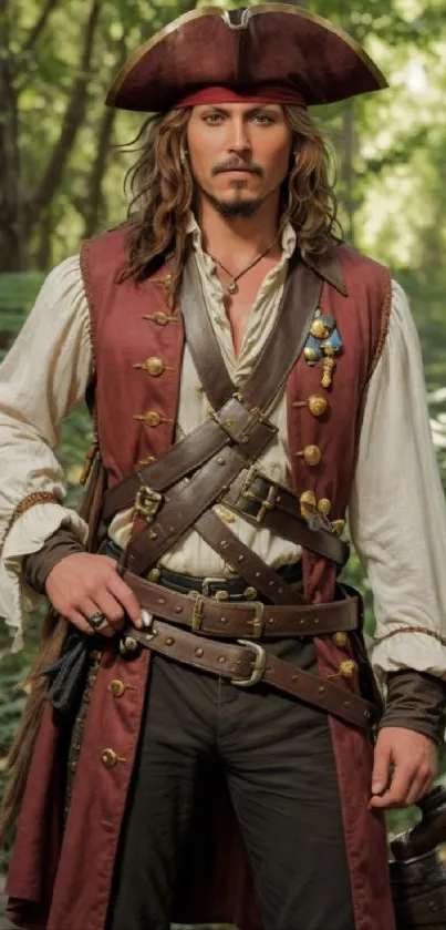 Pirate in historical costume amidst lush forest setting.