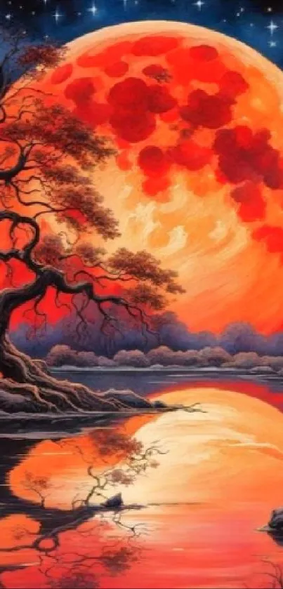 Red-orange moon reflecting on a serene lake under a fantasy tree.