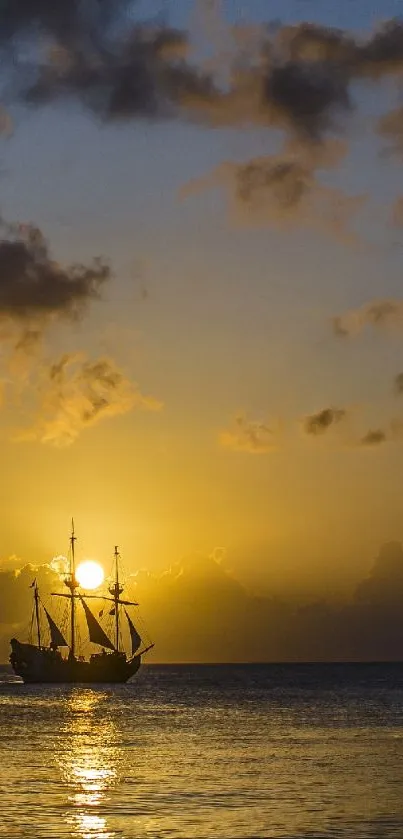 A ship sails into a golden sunset over a calm ocean, casting a serene silhouette.