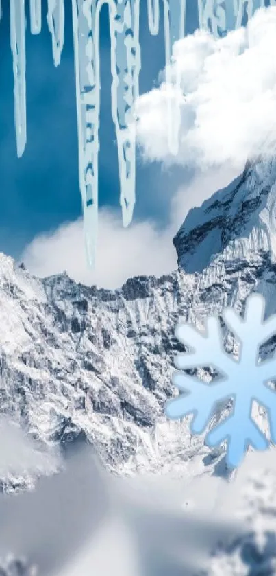 Snowy mountain with ice and snowflake design wallpaper.