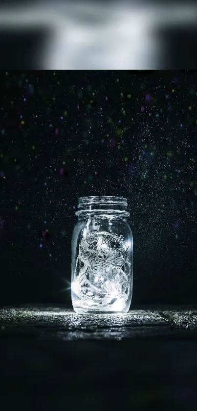 Luminous jar under a starry sky with captivating dark ambiance.