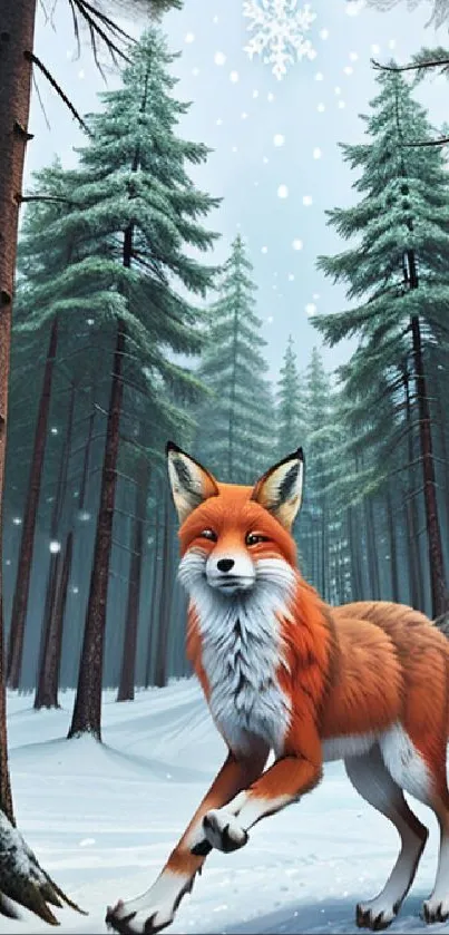 Fox in a snowy forest winter wallpaper for mobile devices.