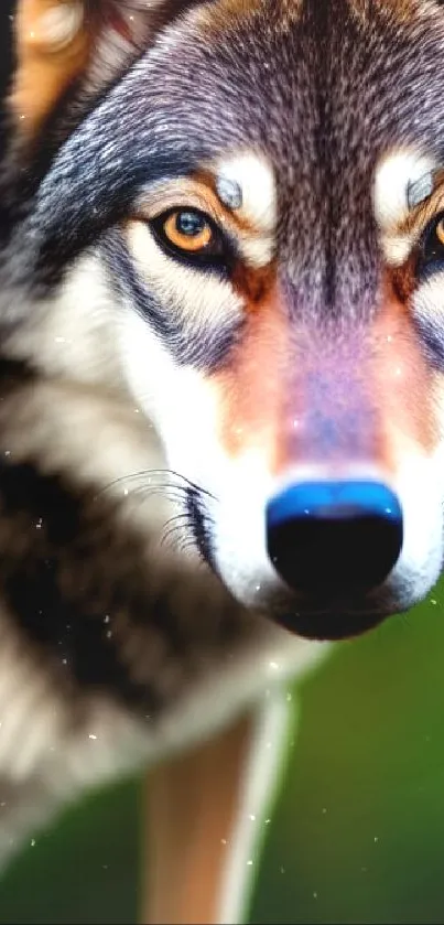 Close-up of a majestic wolf in vivid colors, perfect for mobile wallpaper.