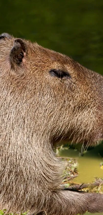 Capybara by a riverbank, lush greenery backdrop.