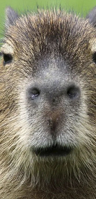 Close-up portrait of a capybara on a green background.