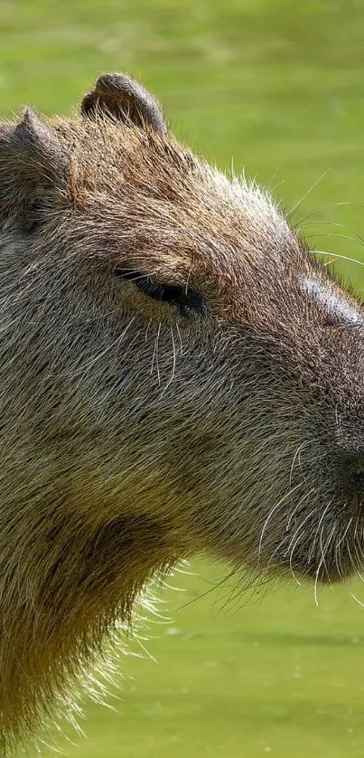 Close-up of a capybara against a green background for mobile wallpaper.