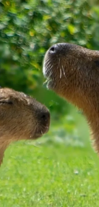 Two capybaras in lush green scenery, peaceful and natural.