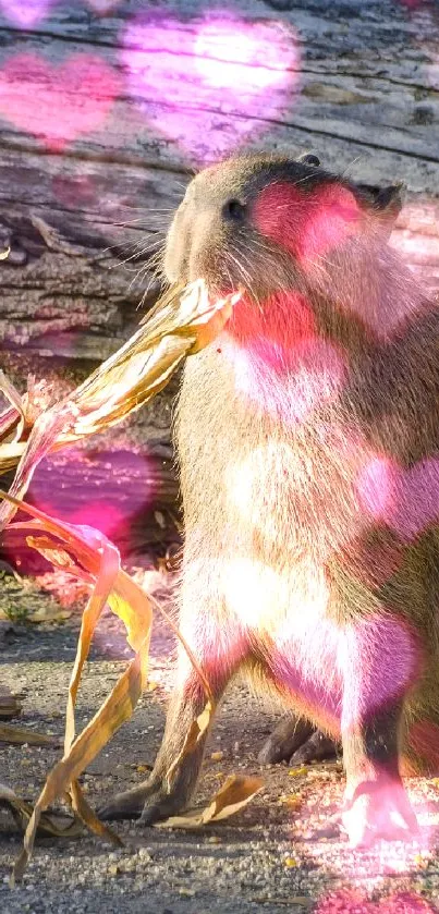 Capybara eating corn in a natural setting.