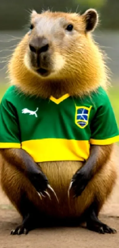 Capybara in a soccer jersey on a field.