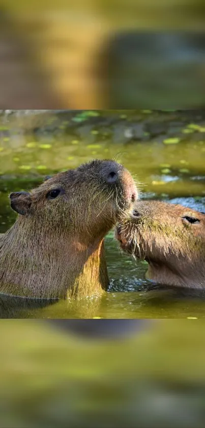 Two capybaras in a peaceful green pond.