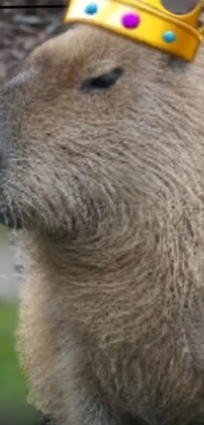 Capybara with a crown relaxing in nature.